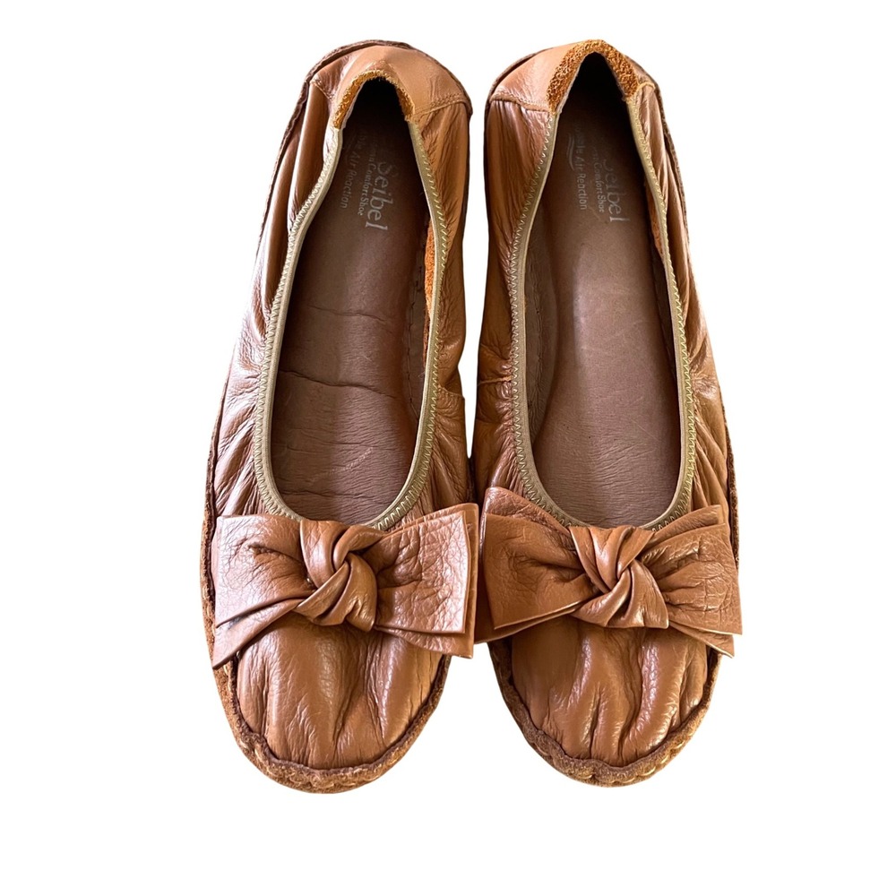 Josef Seibel Ballet Flats Womens 41 Tan Leather Bow Double Air Reaction Comfort - Picture 2 of 6